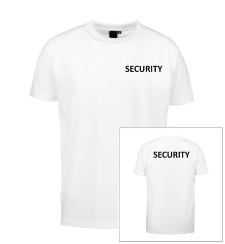 Hvid T-shirt med SECURITY på venstre bryst og ryg