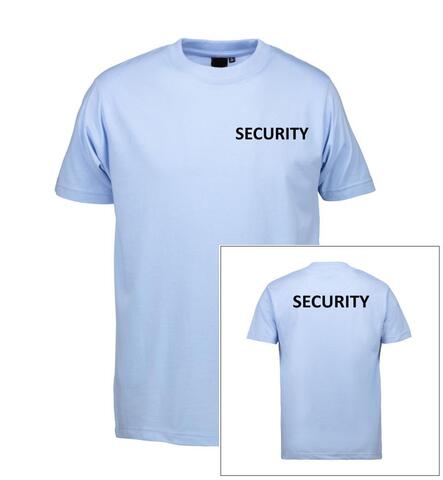 Lyseblå T-shirt med SECURITY på venstre bryst og på ryg